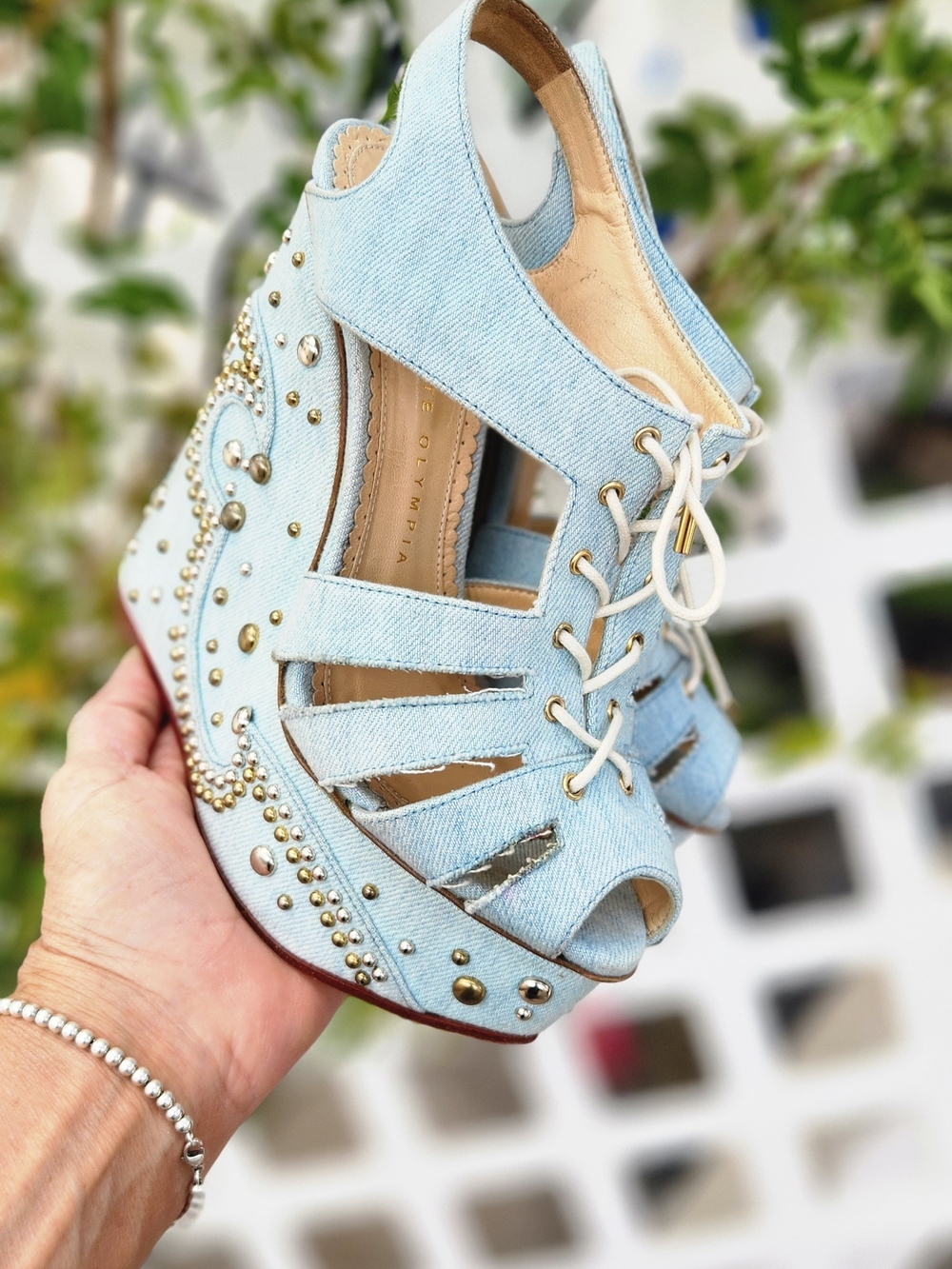 CHARLOTTE OLYMPIA Gene Studded Denim Wedge Sandals - Picture 3 of 10